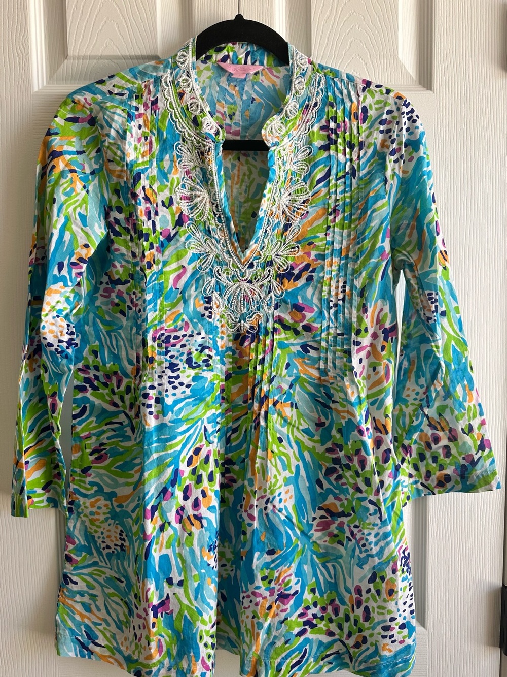 LILLY PULITZER Blue Green Multicolor Beaded Tunic SZ S